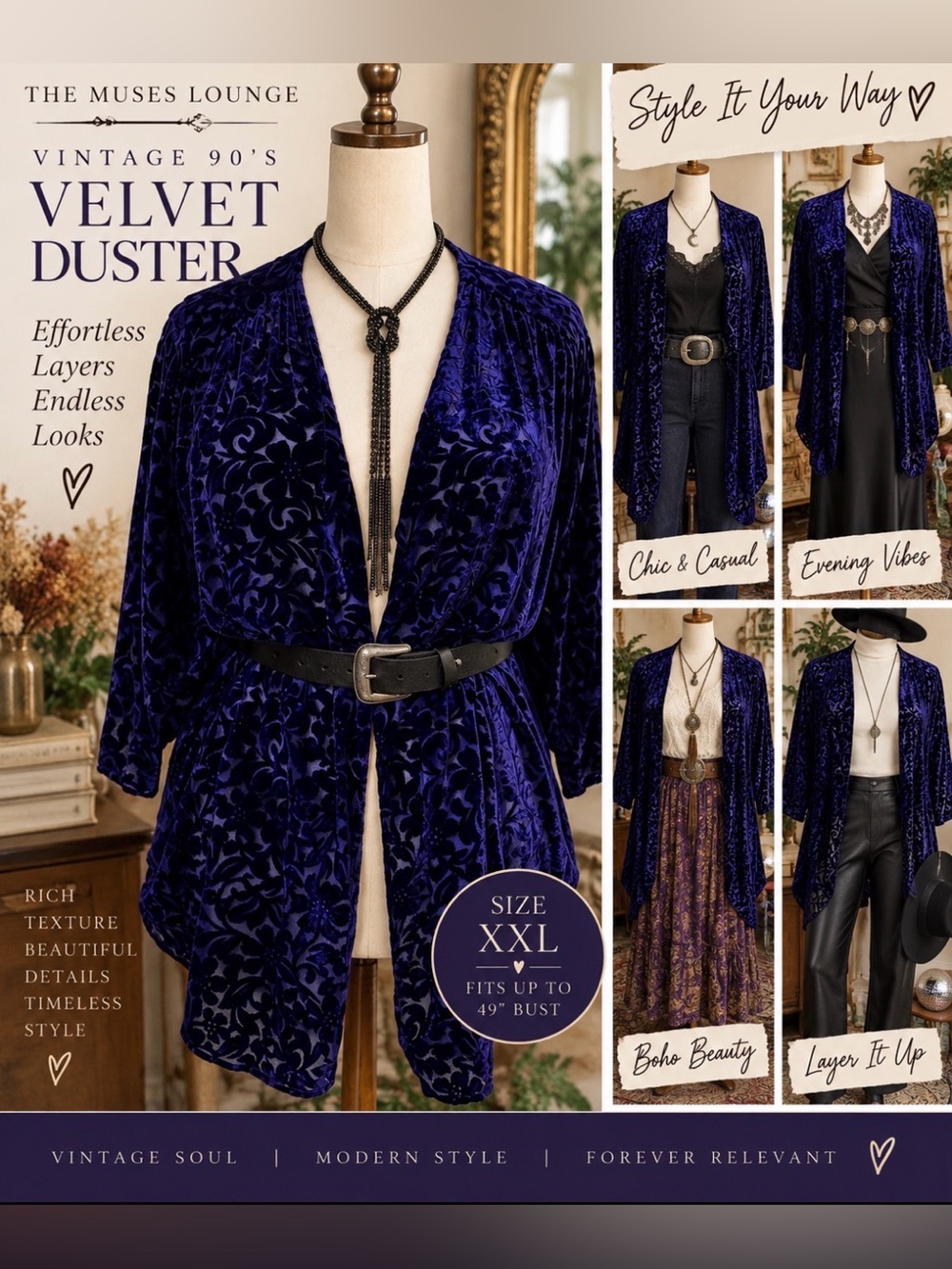 Vintage 90’s burnout velvet- Open-Front Duster Cardigan in Deep Blue/Purple
